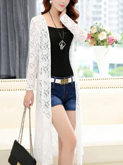 White Slim Lace See-Through Long Sleeve Plus Size Coat for Casual