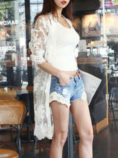 White Loose Lace See-Through Long Sleeve Coat for Casual