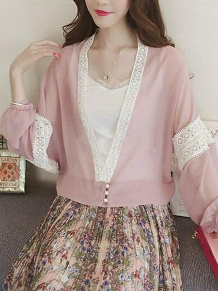 Pink Loose Linking Lace Long Sleeve Coat for Casual