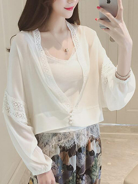 White Loose Linking Lace Long Sleeve Coat for Casual