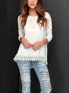 White Loose Linking Lace Long Sleeve Top for Casual Party