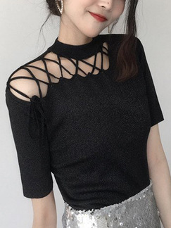 Black Slim Knitting Cutout Bandage T-shirt Top for Casual Party
