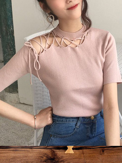 Pink Slim Knitting Cutout Bandage T-shirt Top for Casual Party