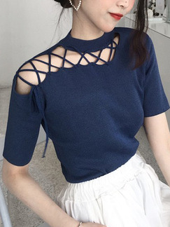 Navy Blue Slim Knitting Cutout Bandage T-shirt Top for Casual Party