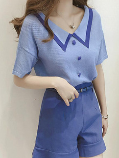 Blue Loose Knitting Contrast Lapel T-shirt V Neck Top for Casual Party