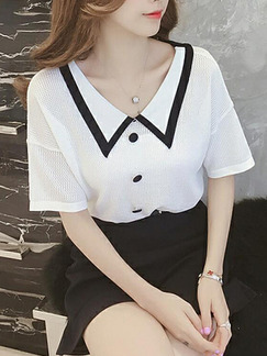 White Loose Knitting Contrast Lapel T-shirt V Neck Top for Casual Party