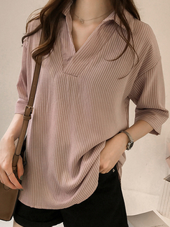 Pink and White Stripe V Neck Lapel Asymmetrical Hem Blouse Plus Size Top for Casual Party