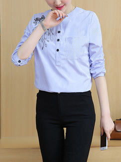 White and Blue Stripe Placket Front Embroidery Single-Breasted Circular Pendulum Long Sleeve Top for Casual Office