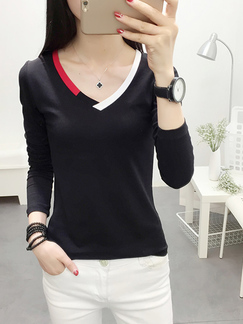 Black and Colorful Plus Size Slim V Neck Linking Contrast Long Sleeve Top for Casual