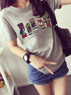 Grey and Colorful Plus Size Round Neck Loose Cartoon Top for Casual