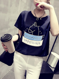 Black and Colorful Plus Size Loose Round Neck Printed Cartoon Top for Casual