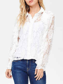 White Lace Linking Cutout Lapel Cardigan Long Sleeve Top for Casual Party