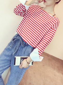 White and Red Plus Size Boat Neck Stripe Linking Contrast Long Sleeve Top for Casual
