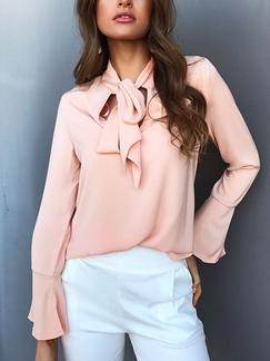 Pink Plus Size Loose Flare Sleeve Butterfly Knot Long Sleeve Blouse Top for Party Evening Cocktail