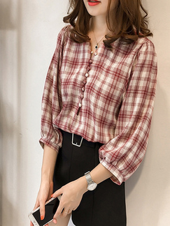 White and Wine Red Plus Size Loose Grid V Neck Placket Front Single-breasted Blouse Top for Casual