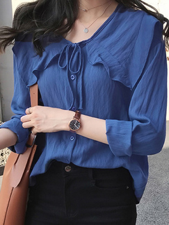 Blue Plus Size Loose Butterfly Knot Peter Pan Collar Asymmetrical Hem Single-breasted Blouse Top for Casual Office Party