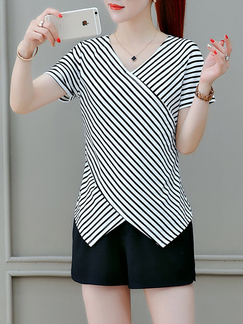 White and Black  Plus Size Slim V Neck Stripe Linking Opening Asymmetrical Hem Top for Casual Party