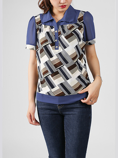 Blue and Colorful Plus Size Lapel Placket Front Single-breasted Stripe Grid Top for Casual