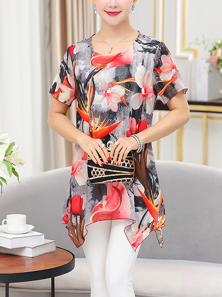Red and Colorful Plus Size Loose Round Neck Chiffon Printed Asymmetrical Hem Top for Casual Party