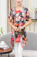 Red and Colorful Plus Size Loose Round Neck Chiffon Printed Asymmetrical Hem Top for Casual Party