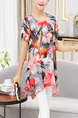 Red and Colorful Plus Size Loose Round Neck Chiffon Printed Asymmetrical Hem Top for Casual Party