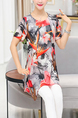 Red and Colorful Plus Size Loose Round Neck Chiffon Printed Asymmetrical Hem Top for Casual Party