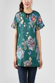 Green and Colorful Plus Size Slim Cutout Neck Buckled Printed Floral Top for Casual