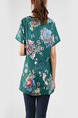 Green and Colorful Plus Size Slim Cutout Neck Buckled Printed Floral Top for Casual
