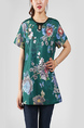 Green and Colorful Plus Size Slim Cutout Neck Buckled Printed Floral Top for Casual