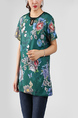 Green and Colorful Plus Size Slim Cutout Neck Buckled Printed Floral Top for Casual