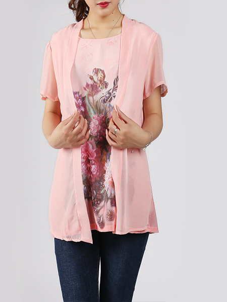 Pink and Colorful Plus Size Round Neck Seem-Two Linking Mesh Located Printing Top for Casual Party