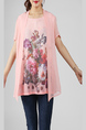 Pink and Colorful Plus Size Round Neck Seem-Two Linking Mesh Located Printing Top for Casual Party