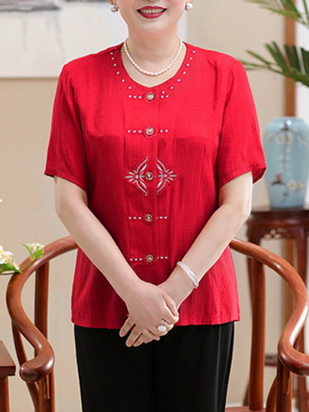 Red and White Plus Size Loose Round Neck Embroidery Single-breasted Cardigan Button-Down Top for Casual Party Evening