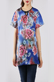 Blue and Colorful Plus Size Loose Round Neck Cutout Neck Chinese Button Printed Floral Top for Casual Party