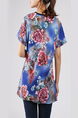 Blue and Colorful Plus Size Loose Round Neck Cutout Neck Chinese Button Printed Floral Top for Casual Party