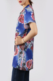 Blue and Colorful Plus Size Loose Round Neck Cutout Neck Chinese Button Printed Floral Top for Casual Party