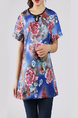 Blue and Colorful Plus Size Loose Round Neck Cutout Neck Chinese Button Printed Floral Top for Casual Party