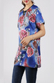 Blue and Colorful Plus Size Loose Round Neck Cutout Neck Chinese Button Printed Floral Top for Casual Party