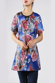 Blue and Colorful Plus Size Loose Round Neck Cutout Neck Chinese Button Printed Floral Top for Casual Party