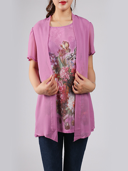 Purple and Colorful Plus Size Round Neck Seem-Two Linking Mesh Located Printing Floral Top for Casual Party