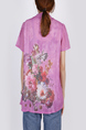 Purple and Colorful Plus Size Round Neck Seem-Two Linking Mesh Located Printing Floral Top for Casual Party