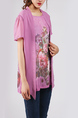 Purple and Colorful Plus Size Round Neck Seem-Two Linking Mesh Located Printing Floral Top for Casual Party