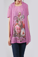 Purple and Colorful Plus Size Round Neck Seem-Two Linking Mesh Located Printing Floral Top for Casual Party