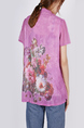 Purple and Colorful Plus Size Round Neck Seem-Two Linking Mesh Located Printing Floral Top for Casual Party