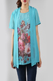 Blue and Colorful Plus Size Round Neck Seem-Two Linking Mesh Located Printing Floral Top for Casual Party