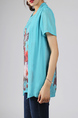 Blue and Colorful Plus Size Round Neck Seem-Two Linking Mesh Located Printing Floral Top for Casual Party