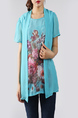 Blue and Colorful Plus Size Round Neck Seem-Two Linking Mesh Located Printing Floral Top for Casual Party