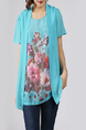 Blue and Colorful Plus Size Round Neck Seem-Two Linking Mesh Located Printing Floral Top for Casual Party