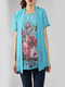 Blue and Colorful Plus Size Round Neck Seem-Two Linking Mesh Located Printing Floral Top for Casual Party