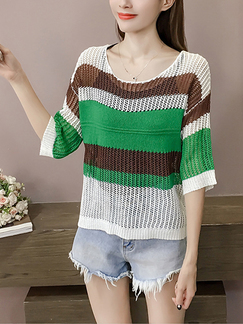 Green and Colorful Round Neck Plus Size Loose Stripe Contrast Knitted Cutout Top for Casual